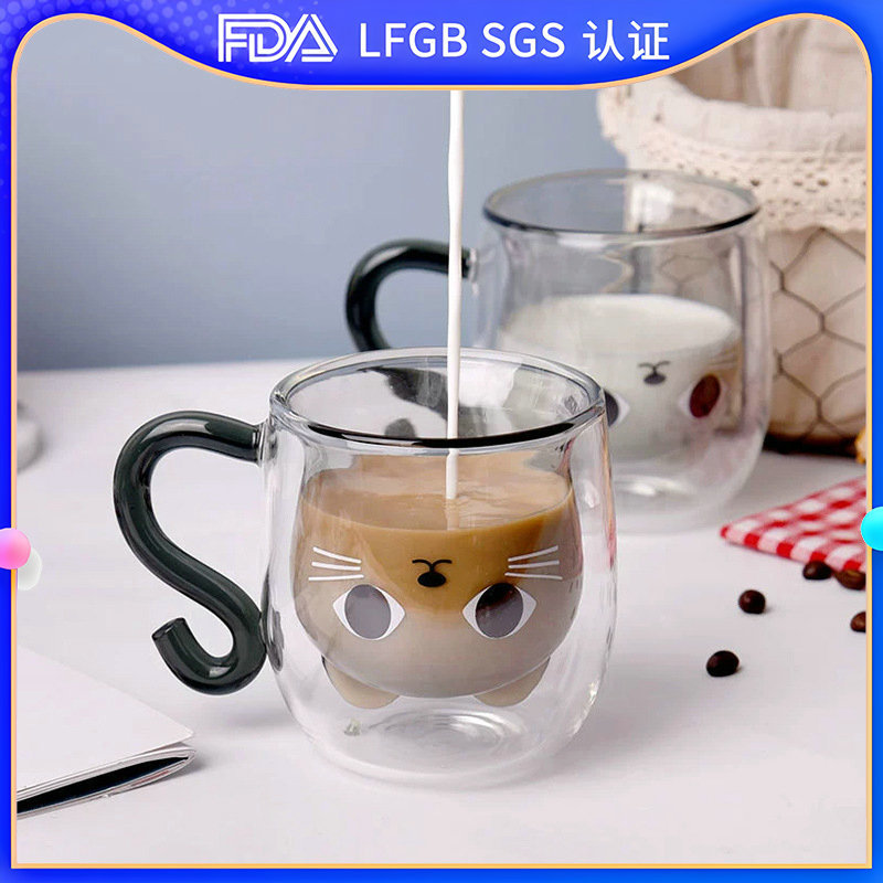 Creative cartoon kitten water cup with handle transparent glass cup…