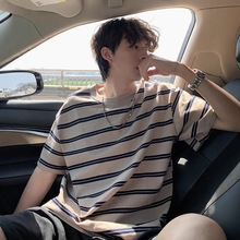 撞色条纹短袖t恤男夏季日系复古潮流青少年ins百搭圆领休闲五分袖