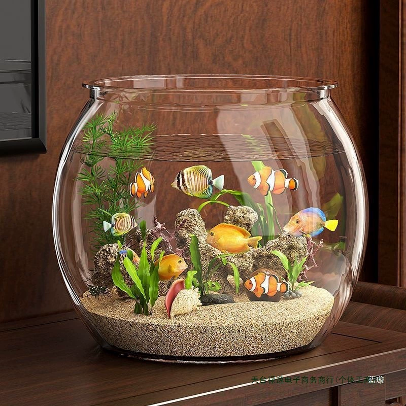 Круглый пластиковый аквариум из цельного имитационного стекла, устойчивый к падениям и разрушениям, небольшой настольный экологический аквариум для гостиной, шелковый цветок