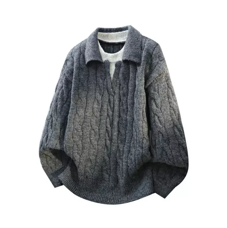 秋冬季氛围感复古假两件毛衣男宽松慵懒风新款韩版麻花针织衫外套