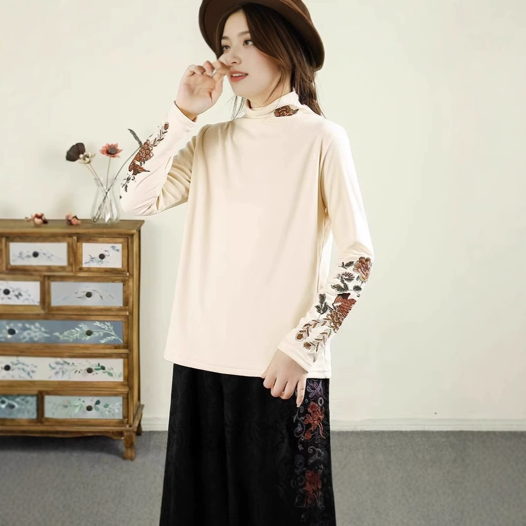 Ретро китайский осенний и зимний полувысокий воротник с вышивкой Деронг тонкая футболка с длинными рукавами и нижняя рубашка мама темперамент топ