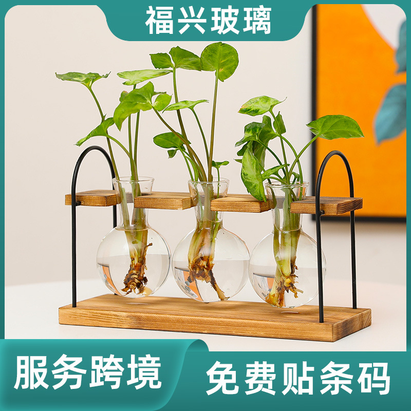 크리 에이 티브 나무 프레임 수경 녹색 식물 용기 투명 유리 녹색 장미 꽃병 실내 거실 사무실 데스크탑 장식