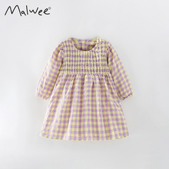 Malwee Children's Skirt Autumn New Style European and American Small and Medium Children Casual Plaid Round Neck Girl Dress 