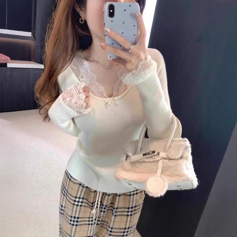 Sweet and Spicy White Lace V-Neck Sweater for Women, 2025 Autumn and Winter High-End Chanel-Style Inner Knit Long-Sleeve Top Sweet and Spicy White Lace V-Neck Sweater for Women, 2025 Autumn and Winter High-End Chanel-Style Inner Knit Long-Sleeve Top