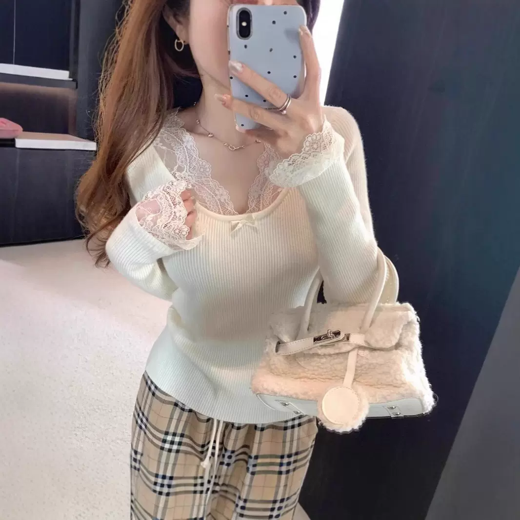 甜辣白色蕾丝V领毛衣女2025秋冬高级小香风内搭针织打底长袖上衣