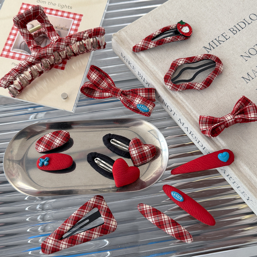 港风红色蝴蝶结发夹高级感格纹布艺发饰气质显白少女发卡皮筋发绳