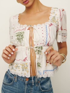 O 17511 Lace Print Tie-Up Blouse ӡ��ϵ���r�� �羳�W��