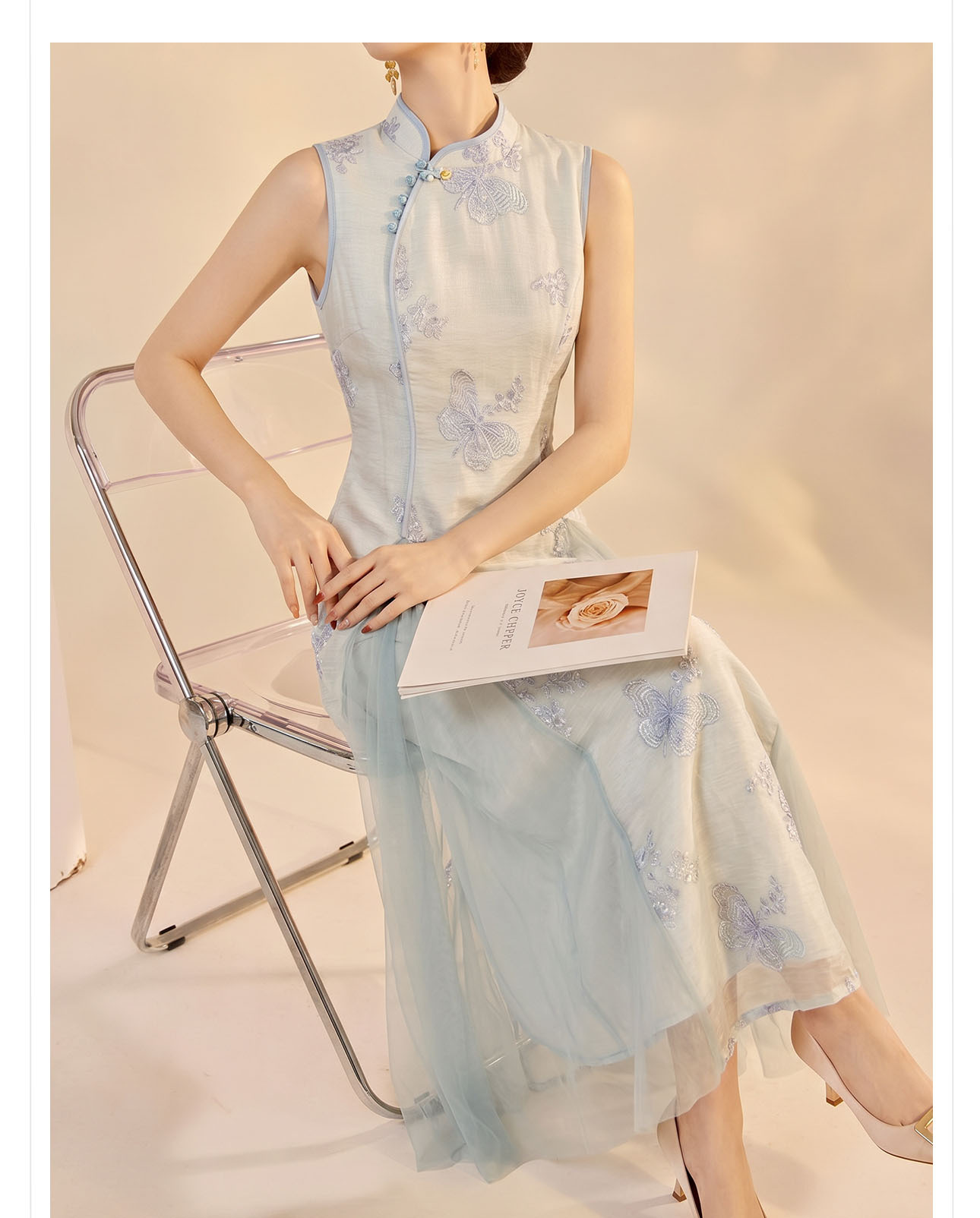 Váy dài không tay nữ tính dáng maxi — màu xanh nhạt chi tiết 4