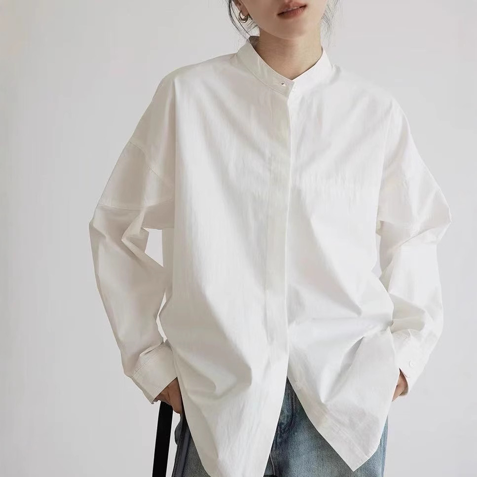白色衬衫女秋季立领通勤基础款长袖衬衣2025新款休闲百搭宽松上衣