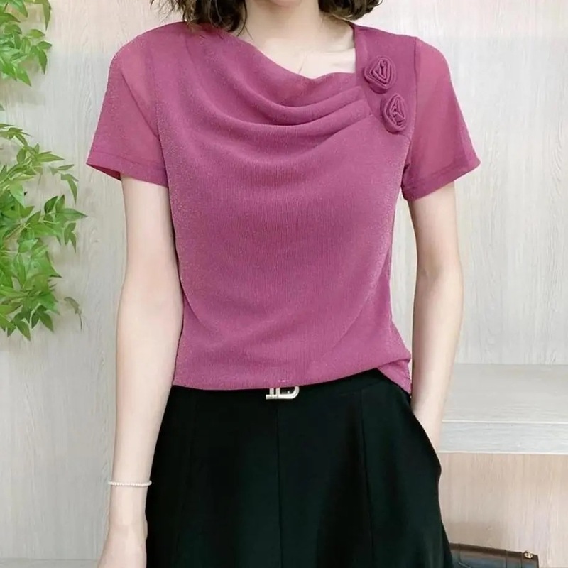 女性用フラワーパイルカラー半袖シャツ、肉感をカバーして着痩せ、夏用Tシャツ、気質トップス、メッシュ年齢軽減ボトムスシャツ|undefined