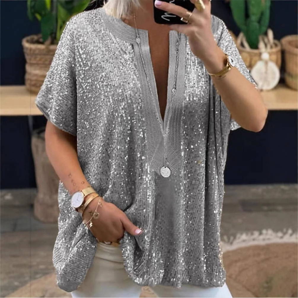 Външна търговия Европейски и американски нов стил AliExpress Европейски и американски нови свободни пайети с V-образно деколте и къси ръкави, ежедневни дълбоки V-образни пайети