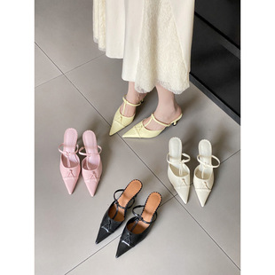 Spring 2025 New Pointed Thin Heeled High Heeled Elegant Slim French Fashionable Steno Beautiful Women's Half Slippers