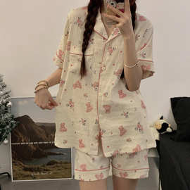 云朵棉双短碎花小熊可爱宽松舒适休闲家居服套装