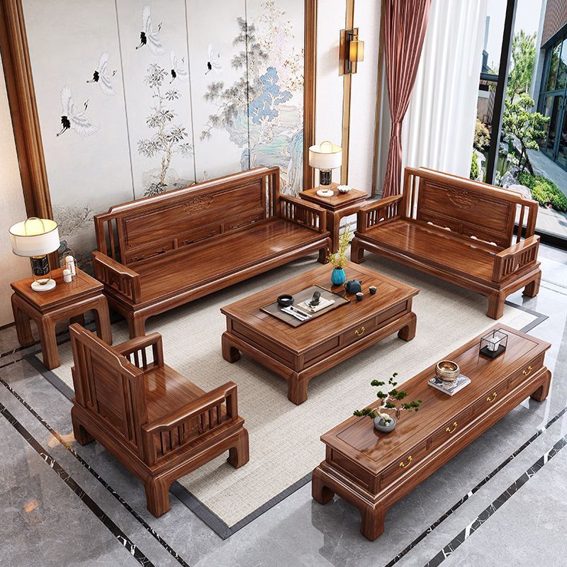Golden Rosewood New Chinese Style Solid Wood Sofa Combination Living Room Winter and Summer Dual-Use Antique Carved Pineapple Grids High-End Furniture