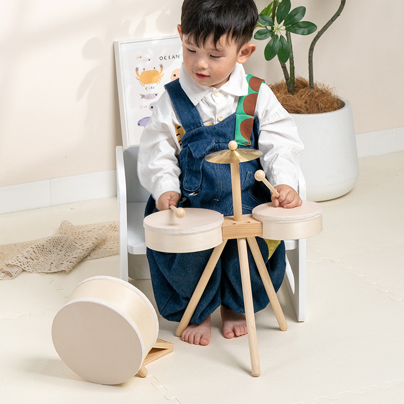 木製ペダルドラムセット 3-6 歳の子供のおもちゃ木製ラウンドスタンド付きモンテッソーリ音楽パーカッションおもちゃ|undefined