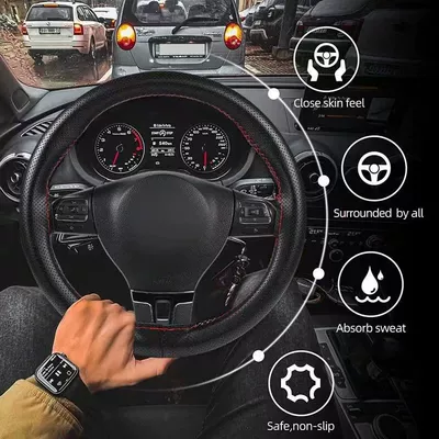 Genuine Leather Hand-Stitched Steering Wheel Cover, Non-Slip, Wear-Resistant, Breathable, Suitable for All Seasons, Lightweight Steering Wheel Cover, Cross-Border (Steering wheel cover) - black-38cm