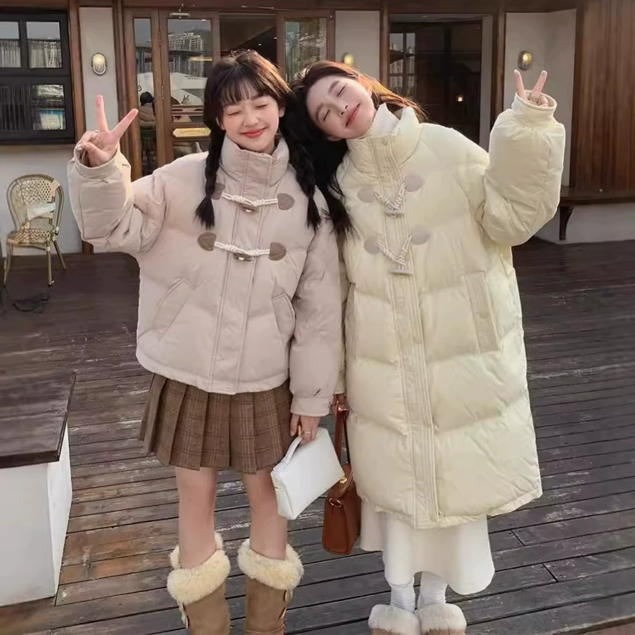 Женская куртка-пуховик с капюшоном на пуговицах, новая модель 2025 года, средней длины, утолщенная, с воротником-стойкой, милая зимняя верхняя одежда