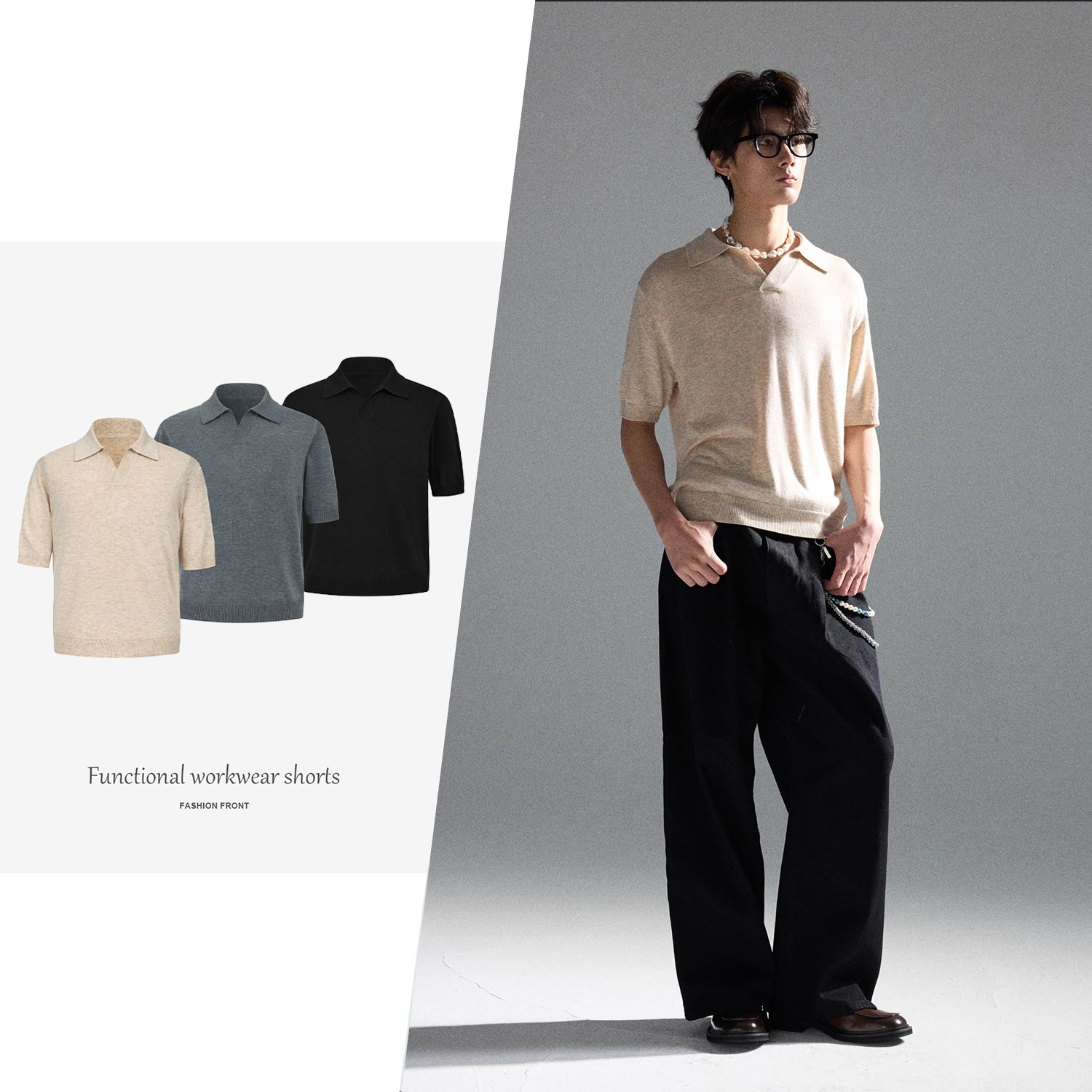 【JMWH】TAICHIISM Feather V-neck Knitted Soft and Comfortable Intellectual Wool Collar Polo Short-sleeved T-shirt
