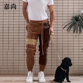 亚马逊跨境男士裤子2025秋冬款拼色毛线针织裤欧美休闲裤男毛裤潮