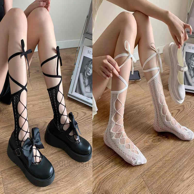 Black Fishnet Cut-Out Stockings with JK Straps, Sheer Lace Sexy Hosiery — detail image 14