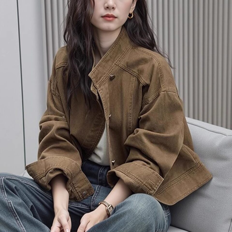 Áo khoác denim ngắn dáng rộng cổ polo cho nữ, dài tay, phong cách giản dị — Áo khoác bò dài tay, Màu nâu (trà nâu), màu xanh chi tiết 34
