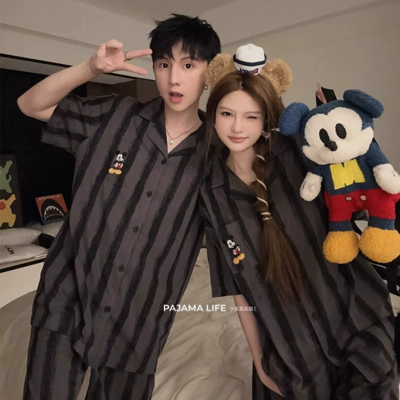 [Tinkerbell] Пижамы с короткими рукавами для пар, женские летние милые мужские домашние одежды в полоску с Микки Маусом