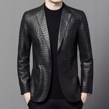 绵羊皮西服领鳄鱼纹夹克外套海宁男士皮衣西装领休闲头层潮男潮款