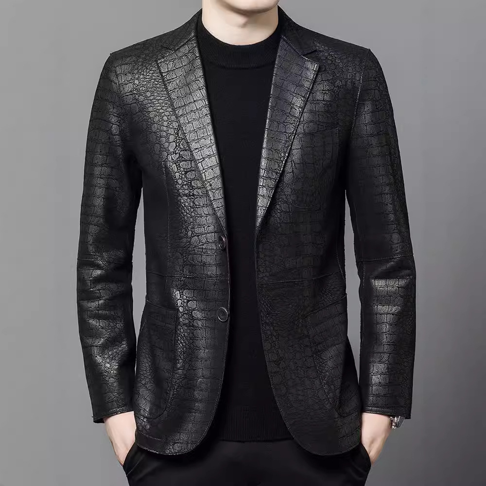 绵羊皮西服领鳄鱼纹夹克外套海宁男士皮衣西装领休闲头层潮男潮款