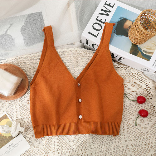  new versatile short three-button ice silk solid color vest for women spring and summer low-necked knitted halter top