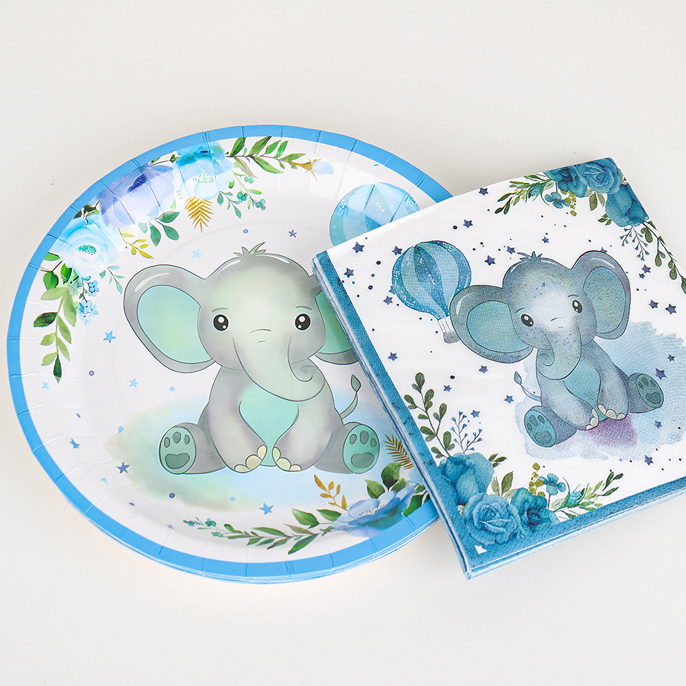 Elefante azul nuevo tema azul juego de cubiertos de fiesta para bebés decoración bandeja de papel desechable tazas de papel