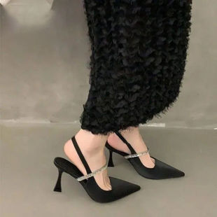 French Style Back Trip Black Pointed High Heels for Spring and Summer 2024 New Arrival with Skirt Single Shoes Sandals for Women Black