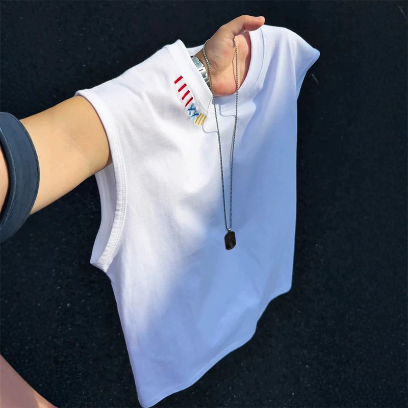 American-Style Colorful Embroidered Vest for Men, Summer Cotton Round-Neck Sleeveless T-Shirt, Cleanfit Tank Top, Sports Sweatshirt