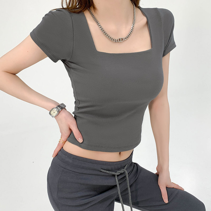 Cuello cuadrado francés, hombros rectos, gris fino, manga corta, verano puro, dulce y picante, camisa de fondo, camiseta fina, blusa interior