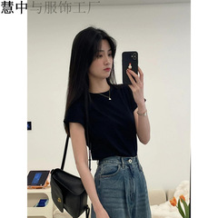 夏内搭打底衫修身显瘦短款上衣T恤小个子黑色圆领正肩短袖T恤女