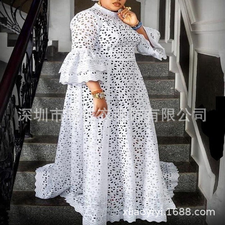 Amazon Cross-Border Foreign Trade European and American Style Commuter Water-Soluble Plus-Size Lace Bell-Sleeve Flared Dress Gown
