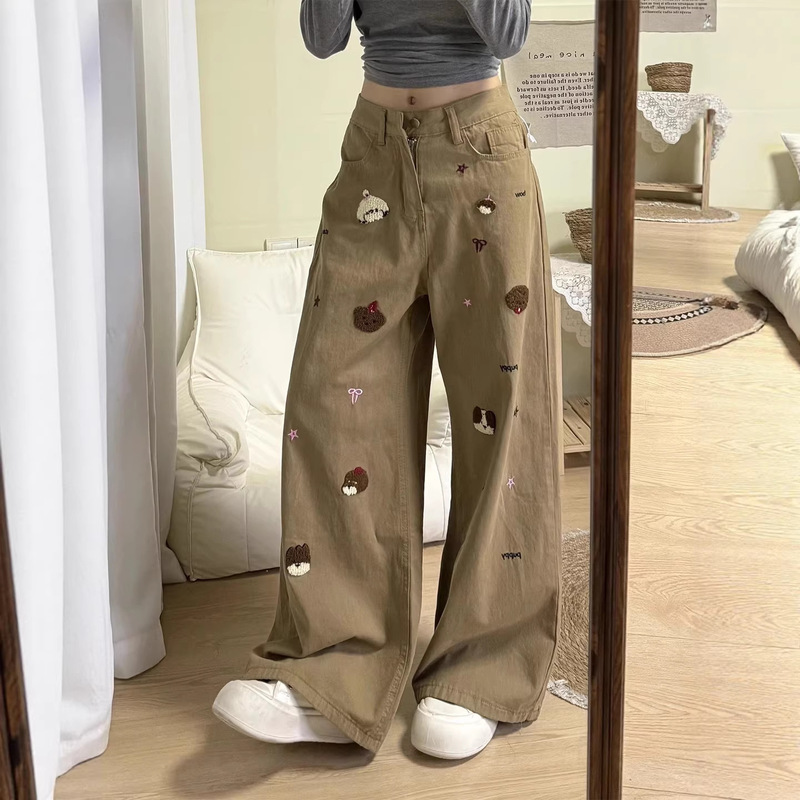 Wide-Leg Jeans for Women 2026 New Style with Puppy Embroidery, Khaki Color, Loose and Drapey Wide-Leg Pants for Women Wide-Leg Jeans for Women 2026 New Style with Puppy Embroidery, Khaki Color, Loose and Drapey Wide-Leg Pants for Women