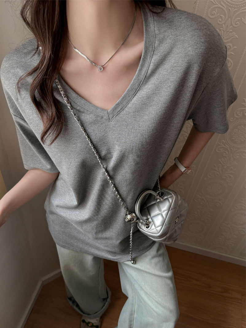 V-Neck Large-size Loose-fit BM Lazy Style All-match Shoulder Short-sleeved T-shirt Women's Slim-fit T Summer Hot Girl Top Trendy