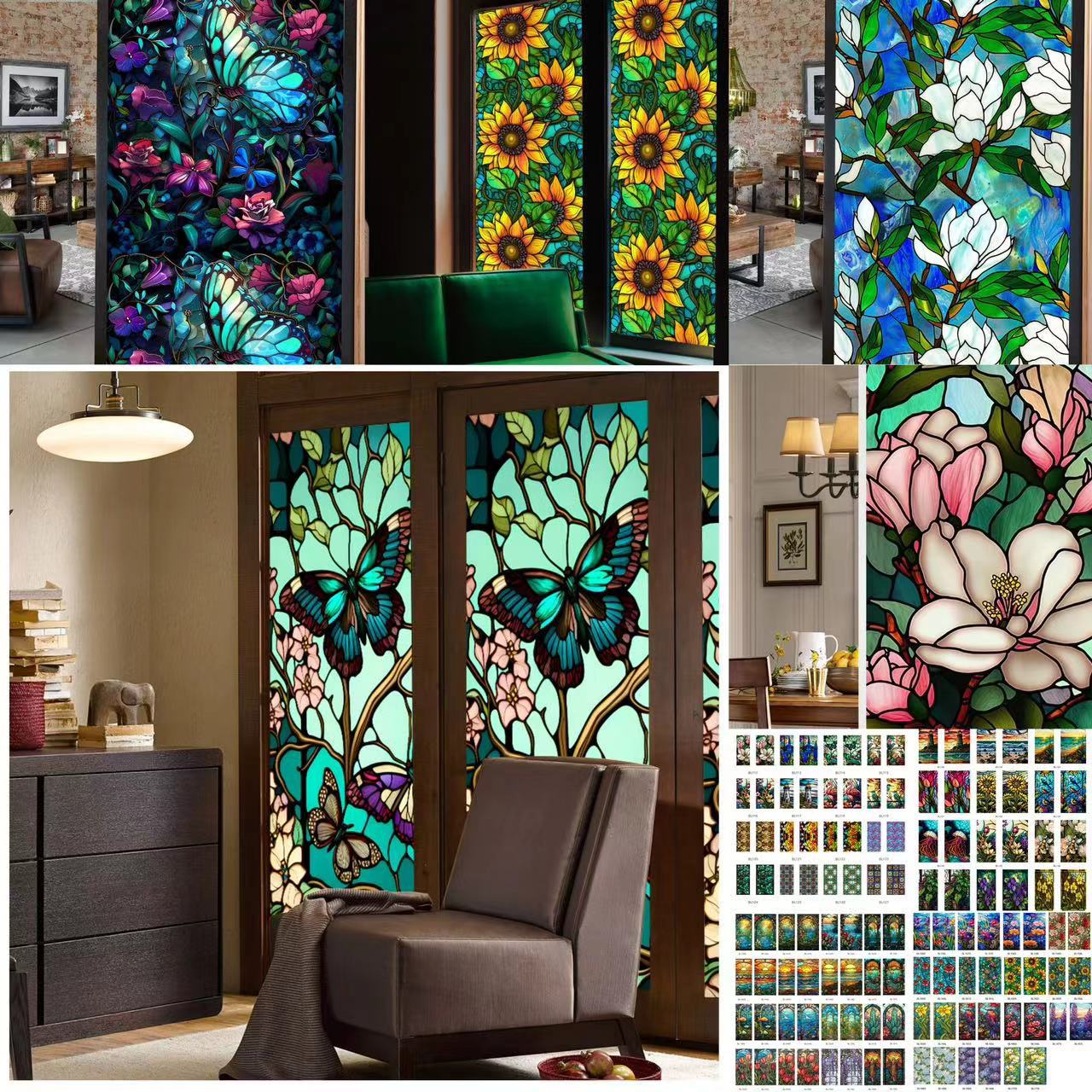 BL112-191彩色复古花鸟PVC静电玻璃贴无胶窗户贴膜可移除玻璃窗花