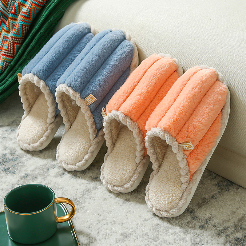 Zapatillas masculinas de otoño y invierno interior antideslizante suave de peluche caliente pareja zapatillas de algodón mujer pareja color caramelo
