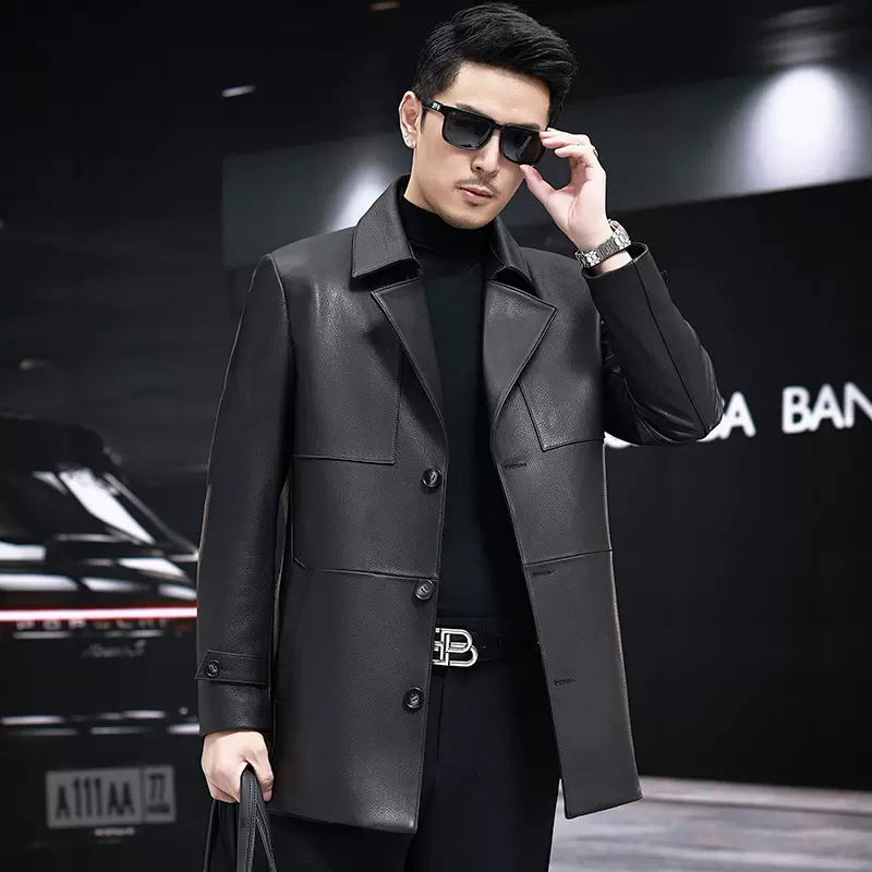 西装领男中长款鹿皮真皮皮衣男装翻领高档中年真皮风衣休闲皮外套