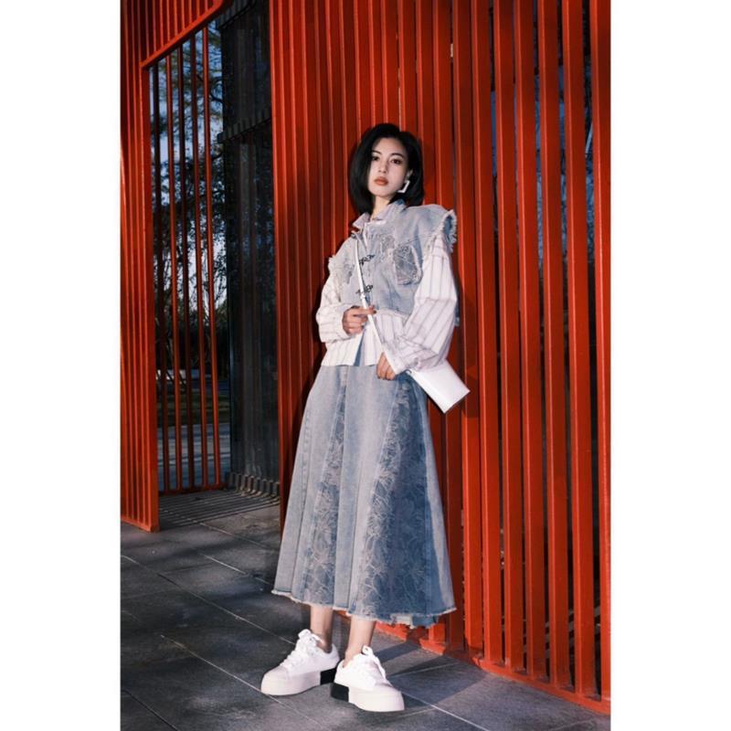 时尚汉元素套装女秋冬国风盘扣牛仔马甲衬衫半身裙子新中式三件套|undefined