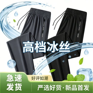 双拉链直筒速干宽松透气冰丝裤子男士大码运动裤休闲弹力长裤外贸