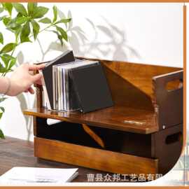 木质杂志唱片收纳筐手提式黑胶唱片储物盒实木棕色茶杯餐具盒