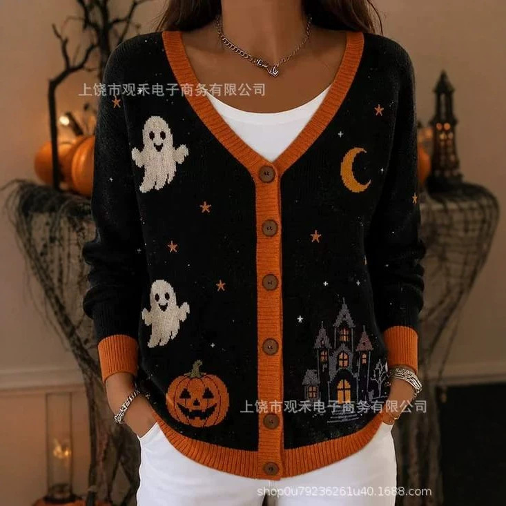 European and American cross-border Halloween print pumpkin lantern sweater cardigan, autumn and winter European and American style V-neck long-sleeve women's clothing