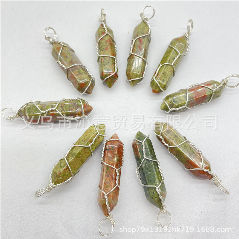 Comercio exterior caliente bobina hexagonal columna colgante collar de cristal natural hecho a mano de plata hilo bala joyería al por mayor