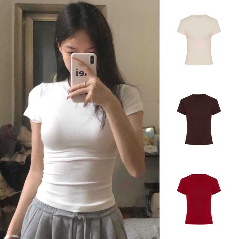 White Short-Sleeved Women's Slim-Fit T-Shirt with a Cinched Waist and Straight Shoulders, Short Style, Suitable for Hot Girls