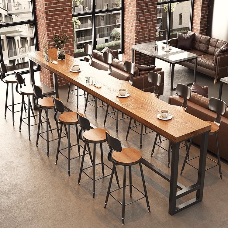 American Style Solid Wood Bar Table Industrial Style Bar Wall Long Table Retro Cafe Casual High Table and Chair Combination
