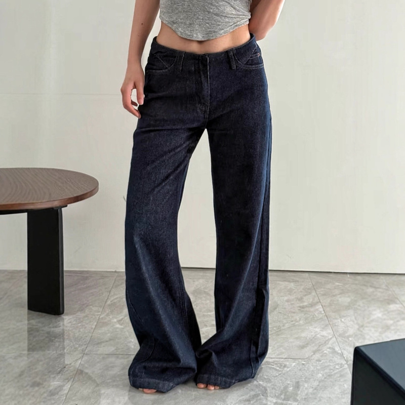 New Style Waistless Dark Blue Low-Waist Raw Denim Jeans Autumn and Winter Retro Washed Casual Wide-Leg Straight Pants 5036