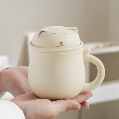 猫陶磁器泡カップかわいい女性家庭用オフィス茶分離カップ蓋付き濾過一人マグカップ
