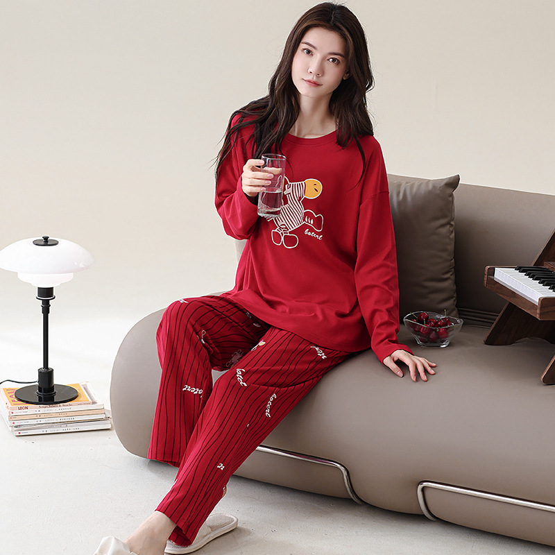 봄 가을 여성용 새 잠옷, 순면 긴팔 바지, 귀엽고 달콤한 가정복 세트, 부담 없이 입을 수 있다